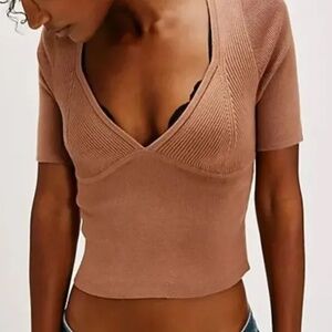 NWT Free People Intimately Teagan Swit Short Sleeve Knit Top, Latte, Size Small